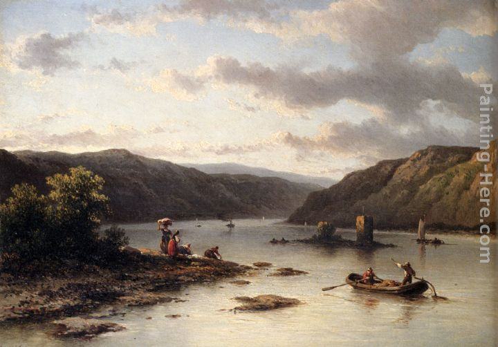 Johannes Hilverdink A Rhenish River Landscape With Fishermen In A Boat And Washerwomen On A Bank